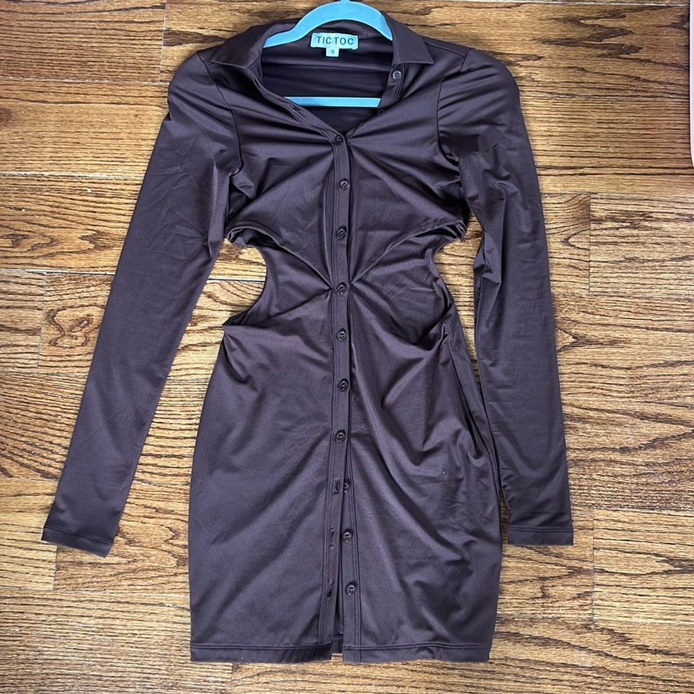 Mystique Boutique Collared Long Sleeve Cut Out Button Down Mini Dress